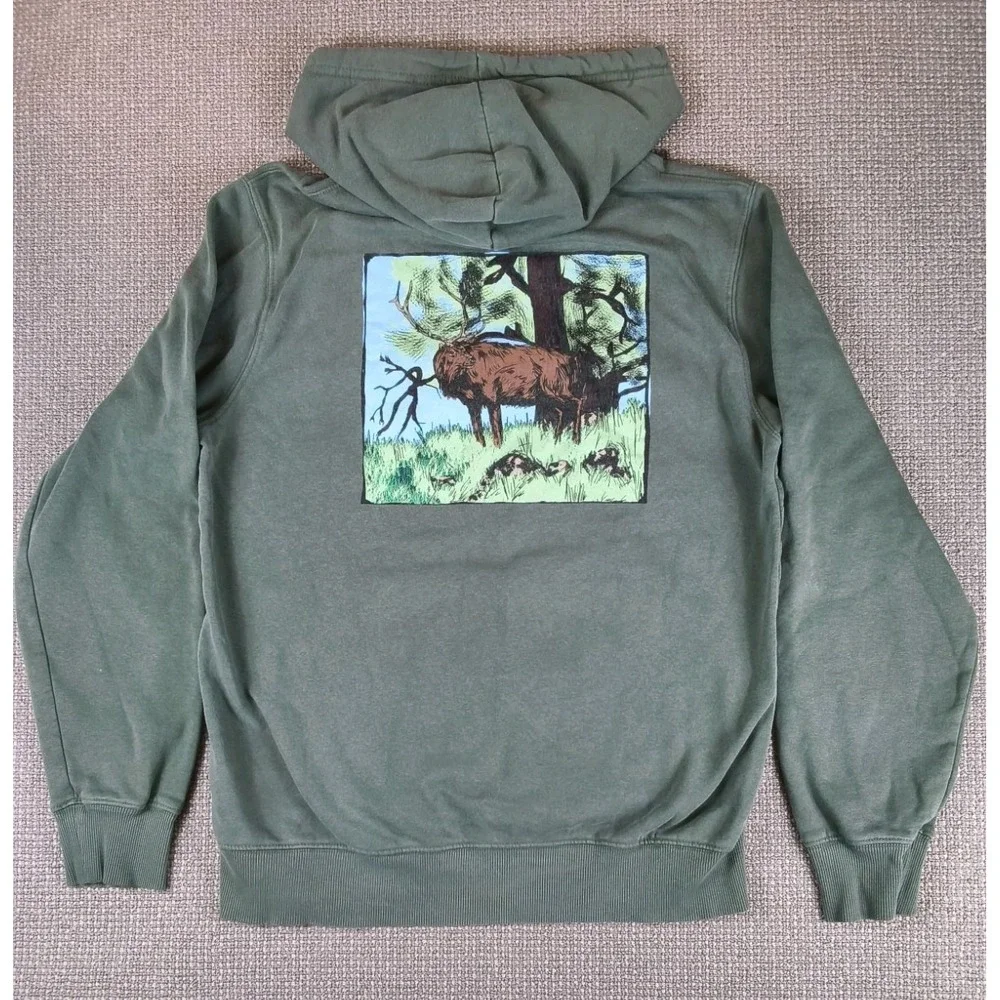 The North Face Men's Graphic Injection Hoodie Sage Green Elk Nature Print Fleece